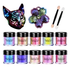 May include: Ten small jars of iridescent chameleon powder in various color combinations. The jars have black lids and are arranged in two rows of five. The powder is a popular choice for nail art, makeup, and resin crafts.