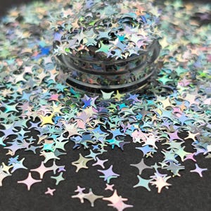 Zilveren sterren holografische glitter, 4-puntige ster nail art glitter, vierpuntige sterren glitter, knutselbenodigdheden, harsbenodigdheden
