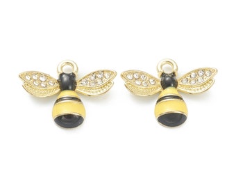 4/10pcs Enamel Bee Charm Jewellery Pendant, Bee Enamel Charm with rhinestones on the wings for Jewelry Making DIY Jewelry Accessories