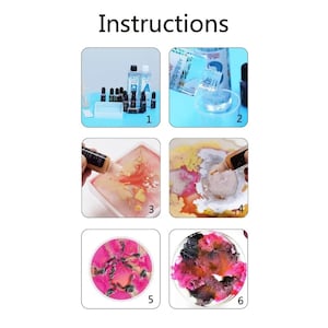 May include: Instructions for making resin art with six steps shown in a grid. The steps include mixing resin, adding color, pouring resin into a mold, and letting the resin cure. The final product is a colorful resin coaster.