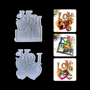 May include: Two silicone molds for making resin picture frames. One mold is shaped like the word "You" with three heart-shaped spaces for photos. The other mold is shaped like the word "Love" with two heart-shaped spaces for photos.