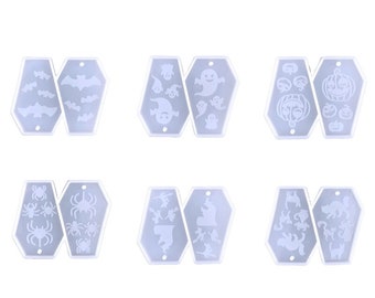 May include: Six pairs of clear silicone molds for making Halloween-themed resin crafts. Each mold is shaped like a coffin and features a different design, including bats, ghosts, pumpkins, spiders, and witches.
