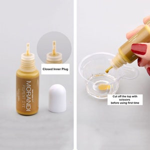 May include: A close-up of a 10 ml bottle of Morandi Pigment Dye in a yellow-gold color. The bottle has a white cap and a clear dropper. The text "GIAO GIAO Dry" and "PIGMENT DYE" are printed on the bottle. The text "MORANDI" is printed in a larger font. The text "Closed Inner Plug" is written above the bottle. The image shows how to cut off the top of the bottle with scissors before using it for the first time.