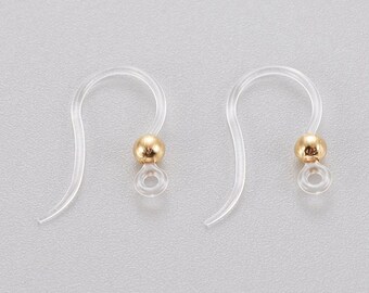 Hypoallergenic Earring Hook, Eco-Friendly Plastic Earring Hooks, with 304 Stainless Steel Gold Plated Bead - 10pcs or 20 pcs
