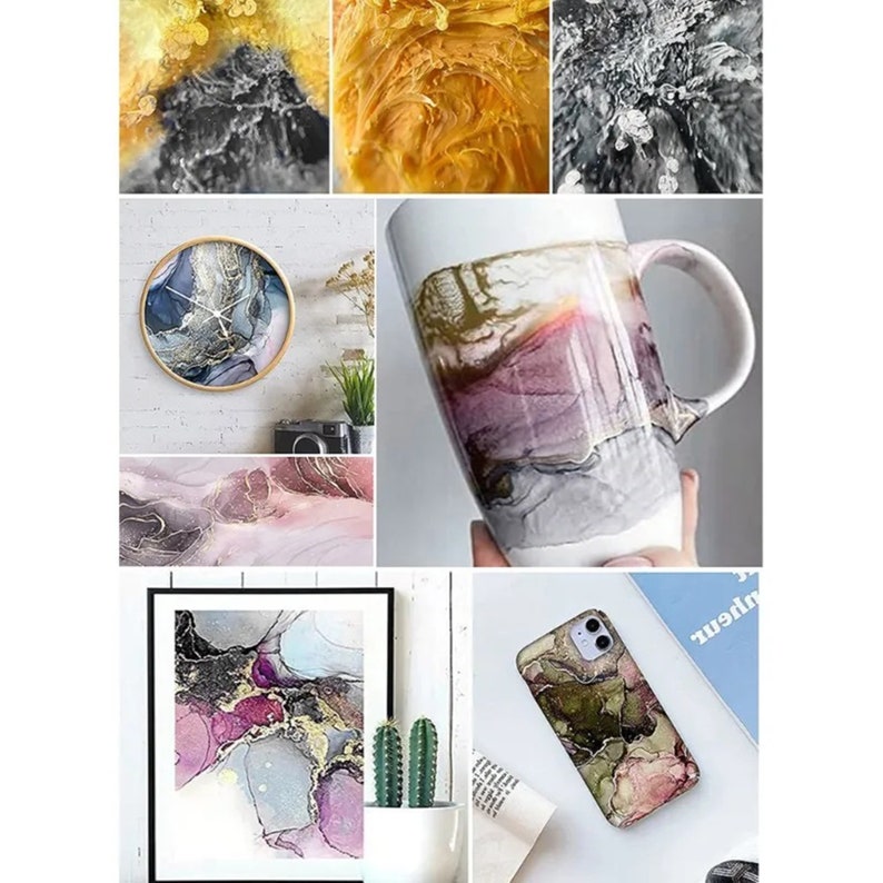 May include: A collage of images showcasing various items decorated with abstract alcohol ink art. The images include a clock, a mug, a phone case, and a framed print. The art features swirling patterns of gray, white, pink, and gold.