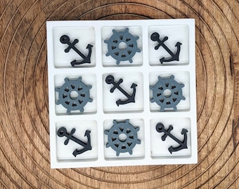 Nautical Blue Anchor Wheel Tic Tac Toe Board Game | Noughts and Crosses Game for Kids and Family | Table Top Game | Board Game