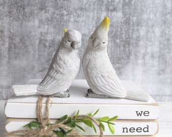 Set of 2 White Cockatoo Bird Sculpture Figurine