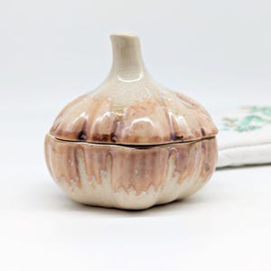 Może przedstawiać: Ceramiczny pojemnik w kształcie czosnku z pokrywką. Pojemnik jest głównie beżowy z brązowymi i różowo-fioletowymi akcentami. Pokrywka ma uchwyt w kształcie łodygi. Pojemnik jest prawdopodobnie używany do przechowywania czosnku lub innych artykułów kuchennych.