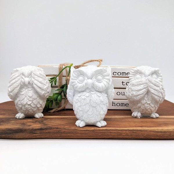 3 Wise White Owl Statue – Set of 3 | Owl Gifts | Owl Figurines | Cute Present | Nursery Decor | Shelf Decor