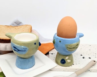 Blue Green Bird Egg Cup Holder Set