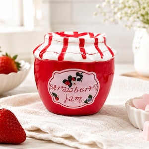 May include: A red ceramic jar with a lid painted to resemble a fabric cover with red and white stripes. The front features a decorative label with the text Strawberry jam and illustrations of strawberries and leaves on a white background.