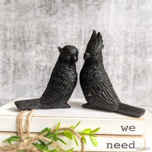 May include: Two black bird figurines, one with a long tail and the other with a short tail, are perched on a stack of white books with the words "we need" printed on the top book.