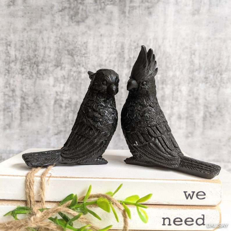 May include: Two black bird figurines, one with a long tail and the other with a short tail, are perched on a stack of white books with the words "we need" printed on the top book.