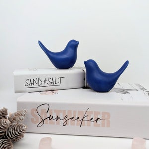 May include: Two cobalt blue ceramic bird ornaments. The birds are on white books with the titles "SAND & SALT" and "SUNSEEKER" in black and pink lettering. The background is white.