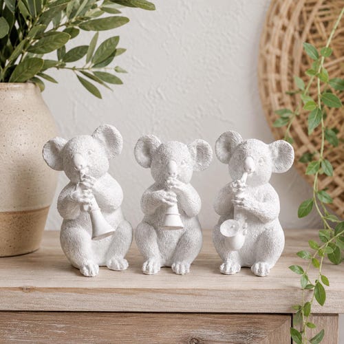 White Musical Koala Figurine Set | Animal Statue Sculpture Ornament