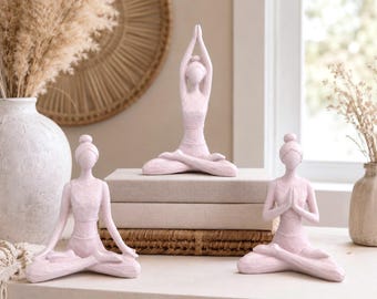 Roze yoga dame sculptuur beeldje - set van 3 | Cadeau voor haar | Inrichting yogastudio