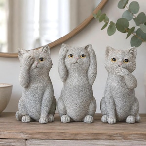No Evil See Hear Speak Grey Cat Figurine Set