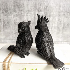 May include: Two black bird figurines with detailed feather patterns. The birds are facing different directions and have a textured, matte finish.
