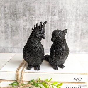 May include: Two black, feathered, bird figurines. The birds are perched on a stack of white books with the word "we" visible on the top book.