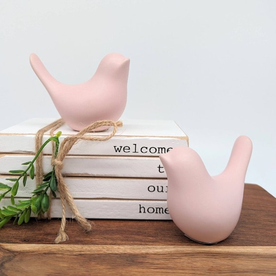 ピンクの鳩の陶器製置物オーナメント - 2個セット | 鳥のギフト | 新築