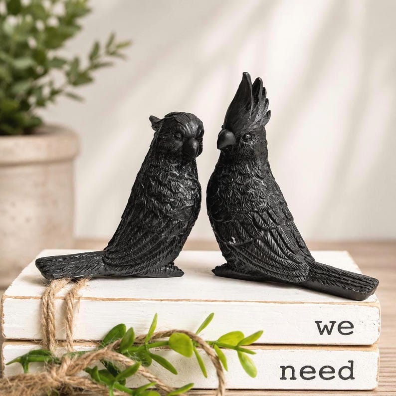 Set of 2 Black Cockatoo Bird Sculpture Figurine | Cockatoo Gifts image 1
