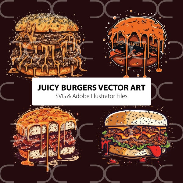 Juicy Burgers Vector Art Collection - Set of 4 Delicious Burger Illustrations for Food Lovers, Designers, and Crafters (Instant Download)