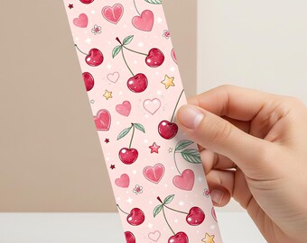 Pink Bookmark Tassel Decorative Heart Design Cherry Pattern Laminated Vinyl Protected Reading Marker Custom Name Personalized Gift Cute
