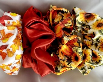 Autumn Hair Scrunchie Set Fall Fashion Accessory Seasonal Style Elastic Band Orange Rust Sunflower Tie Satin Material Thanksgiving Outfit