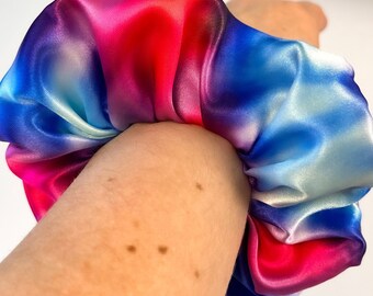 Watercolor Red Blue Scrunchie, Hair Accessory, Scrunchie Handmade, Standard Size Satin Scrunchie, Waterfall Scrunchie