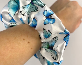 Butterfly Scrunchie, Blue Butterflies Scrunchie, Satin Scrunchie, Hair Accessory