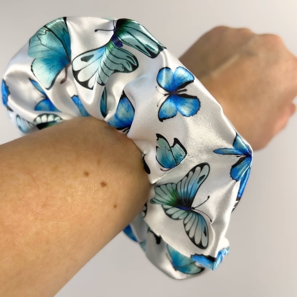 Butterfly Scrunchie, Blue Butterflies Scrunchie, Satin Scrunchie, Hair Accessory