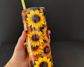 Sunflower Tumbler Cup Insulated Steel Double Wall Travel Mug Yellow Straw Drink Container Garden Theme Summer Beverage Stainless Vessel Hot