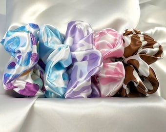Satin Scrunchie Set Cow Print Pink Blue Tie Dye Scrunchie Brown Cow Print Hair Bow