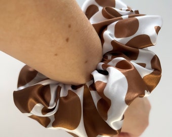 Cow Print Scrunchie Brown Animal Scrunchie Gift Girl Scrunchie Satin Hair Accessory For Long Hair Women