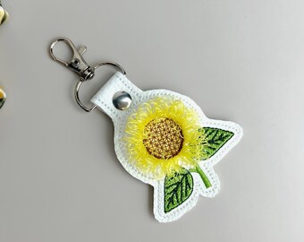 Sunflower Faux Leather Keychain Fringe Design Boho Accessory Floral Bag Charm Decoration Yellow Flower Embroidery Detail Rustic Style Nature