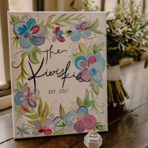 Hand Painted Acrylic Canvas, Custom Last Name Painting, Wedding Decor, Hand Painted Floral Canvas, Anniversary Gift, Home decor