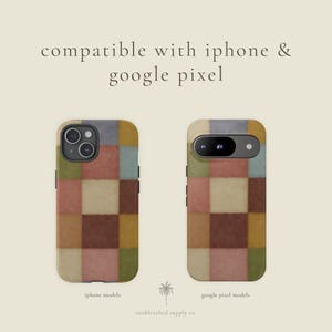 This phone case features a soft, muted checkerboard pattern made up of square blocks in earthy tones—dusty pink, cream, sage green, mustard yellow, brown, and light blue. Each square has a slightly textured, vintage look, creating a warm, cosy, quilt-like aesthetic. No additional graphics or text appear on the case the buyer receives.