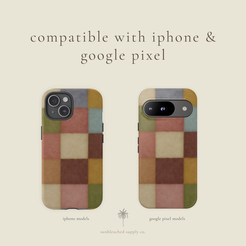 This phone case features a soft, muted checkerboard pattern made up of square blocks in earthy tones—dusty pink, cream, sage green, mustard yellow, brown, and light blue. Each square has a slightly textured, vintage look, creating a warm, cosy, quilt-like aesthetic. No additional graphics or text appear on the case the buyer receives.