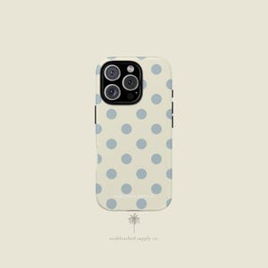 Blue Polka Dot Phone Case, Cream Retro iPhone Case, Minimalist Scandinavian Spot Pattern, Cute Neutral Phone Cover