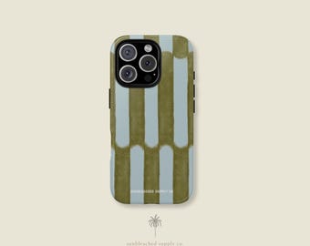 Funda para teléfono con diseño de rayas color oliva pintadas a mano / Funda protectora de doble capa