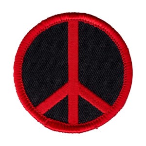 2&quot; Embroidered Iron on Patch - Red On Black Peace Sign - Cut Out To The Shape Of The Design