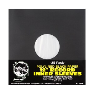 12&quot; Archival Black Colored Plastic and Paper Polylined Vinyl LP Record Inner Sleeves