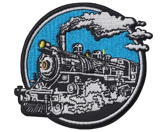 3-1/8&quot; Embroidered Iron on Patch - Steam Train on Blue Circle