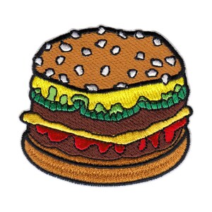 2.75&quot; Embroidered Iron on Patch - Double Patty Burger With Pickles, Cheese And Ketchup - Cut Out To The Shape Of The Design