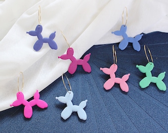 Balloon Puppy Earrings, 10k Gold Hoops, Handmade Clay Earrings, Lightweight Statement Earrings, Multiple Colors, Gifts for Her