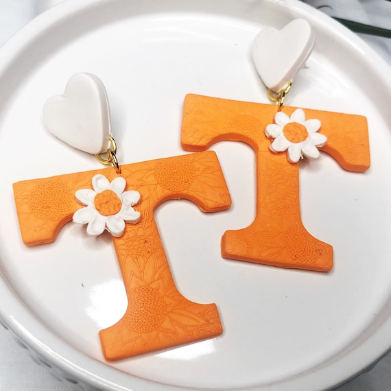 Textured Tennessee Earrings, Daisy Earrings, Orange and White Checks, University of Tennessee Volunteers, Vols Earrings, Tennessee Gifts