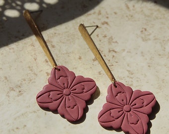 Boho Geometric Earrings, Long Dangle Earrings, Embossed Flower Earrings, Handmade Polymer Clay Jewelry, Gifts for Her