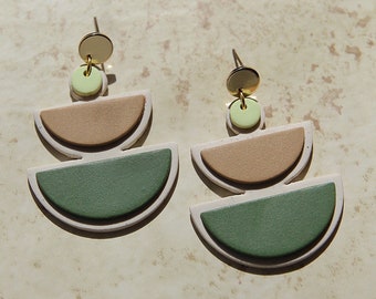 Boho Geometric Earrings, Stacked Semicircle Earrings, Green & Tan Earrings, Handmade Polymer Clay Jewelry, Gifts for Her