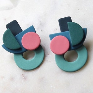 BOLD Geometric Statement Stud Earrings, Handmade Polymer Clay Jewelry, Blue/Green/Pink Earrings, Jewel Tone Jewelry, Gifts for Her