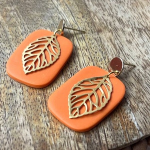 Filigree Brass Leaf over Polymer Clay Earrings, Autumn Earrings, Lightweight Statement Earrings, Handmade Earrings, Gifts for Her